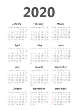 Vector calendar 2020 year. Week starts from Sunday Stock Illustration