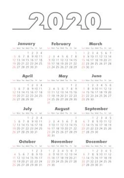 Vector calendar 2020 year. Week starts from Sunday Stock Illustration
