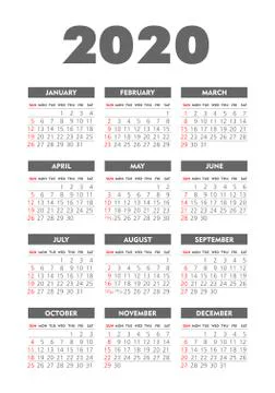 Vector calendar 2020 year. Week starts from Sunday Stock Illustration