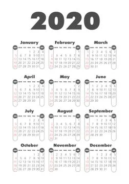 Vector calendar 2020 year. Week starts from Sunday Stock Illustration