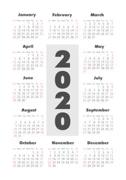 Vector calendar 2020 year. Week starts from Sunday Stock Illustration