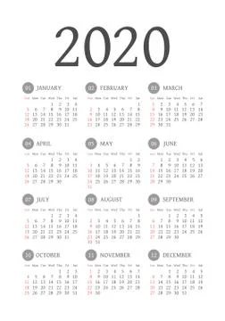 Vector calendar 2020 year. Week starts from Sunday Illustrazione stock