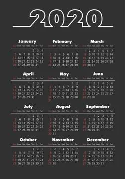Vector calendar 2020 year. Week starts from Sunday Stock Illustration