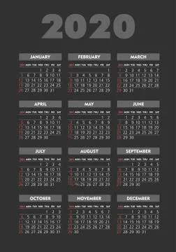 Vector calendar 2020 year. Week starts from Sunday Stock Illustration