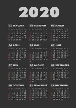 Vector calendar 2020 year. Week starts from Sunday Stock Illustration