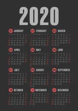 Vector calendar 2020 year. Week starts from Sunday Stock Illustration