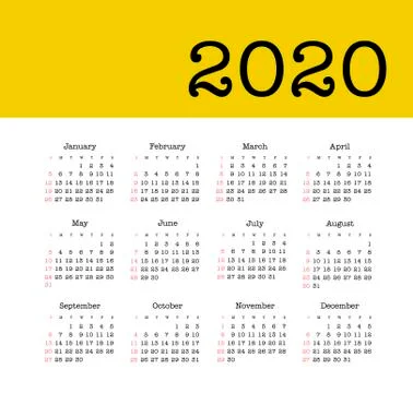 Vector calendar 2020 year. Week starts from Sunday Stock Illustration