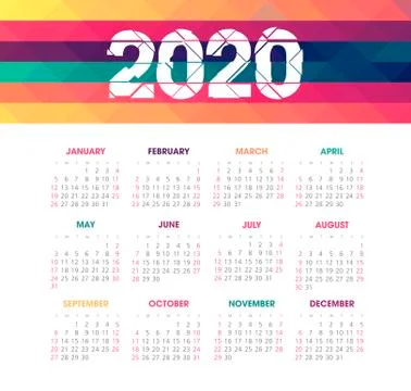 Vector calendar 2020 year. Week starts from Sunday Stock Illustration