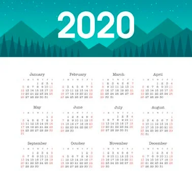 Vector calendar 2020 year. Week starts from Sunday Stock Illustration