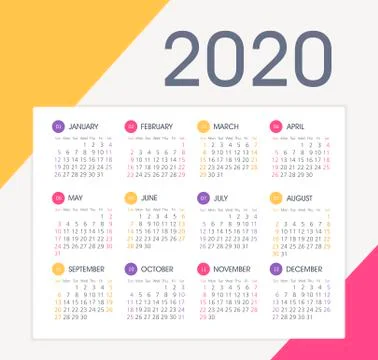 Vector calendar 2020 year. Week starts from Sunday Stock Illustration