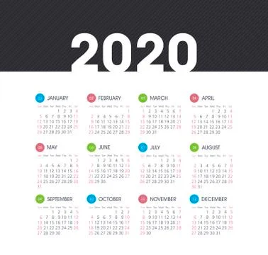 Vector calendar 2020 year. Week starts from Sunday Stock Illustration