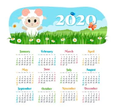Vector calendar 2020 year. Week starts from Sunday Stock Illustration