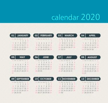 Vector calendar 2020 year. Week starts from Sunday Stock Illustration