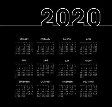 Vector calendar 2020 year. Week starts from Sunday Stock Illustration