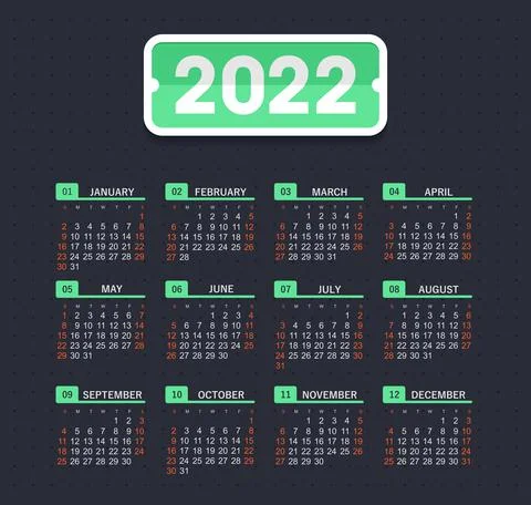 Vector calendar 2022 year. Week starts from Sunday Stock Illustration