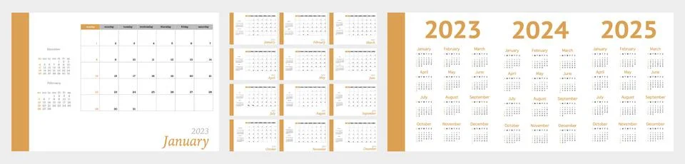 Vector calendar for 2023, 2024, 2025. Diary-planner in a minimalist style Stock Illustration