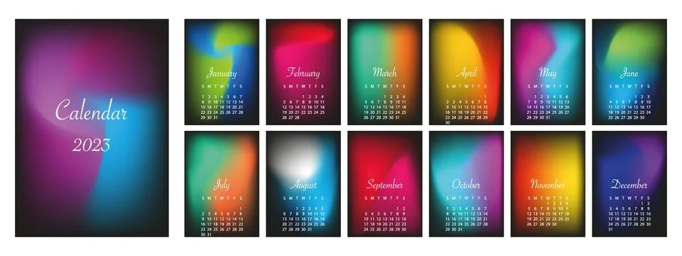 Vector calendar for 2023. With a color gradient on a black background. The week Stock Illustration