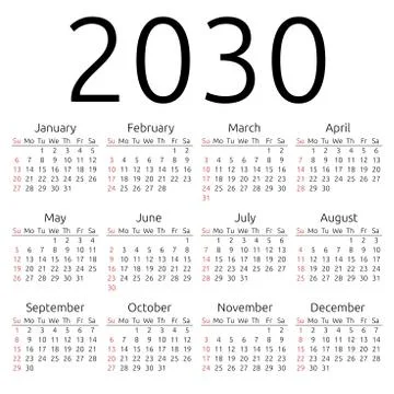 Vector calendar 2030, Sunday Stock Illustration