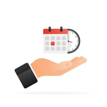 Vector Calendar and Clock Icon in hand on white background. Vector illustration Stock Illustration