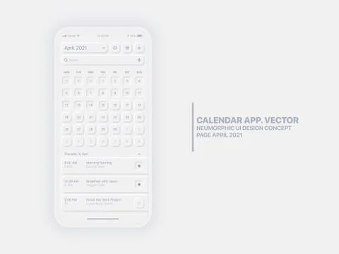 Vector Calendar App April 2021 UI UX Neumorphic Design Mockup 库存插图