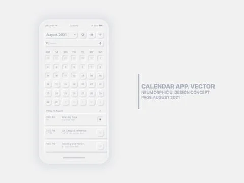 Vector Calendar App August 2021 UI UX Neumorphic Design Mockup イラスト素材