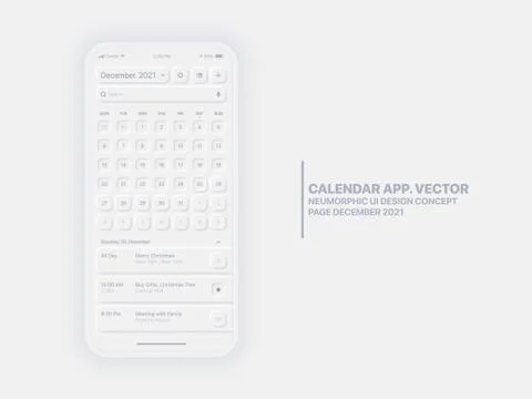 Vector Calendar App December 2021 UI UX Neumorphic Design Mockup Illustrazione stock