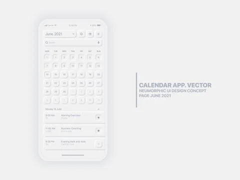 Vector Calendar App June 2021 UI UX Neumorphic Design Mockup Stock Illustration