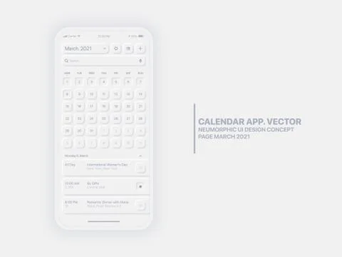 Vector Calendar App March 2021 UI UX Neumorphic Design Mockup Stock Illustration