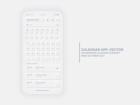 Vector Calendar App October 2021 UI UX Neumorphic Design Mockup Stock Illustration