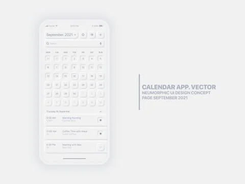 Vector Calendar App September 2021 UI UX Neumorphic Design Mockup 库存插图