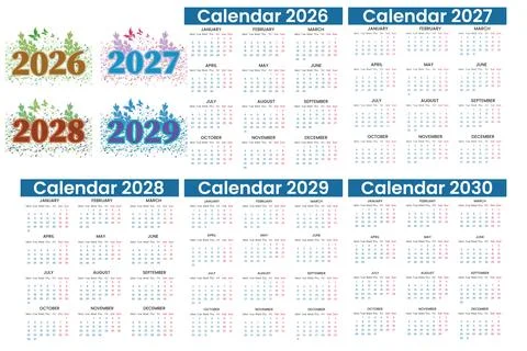 Vector calendar design illustration on 2026, 2027, 2028 and 2029 year. Real.. Stock Illustration