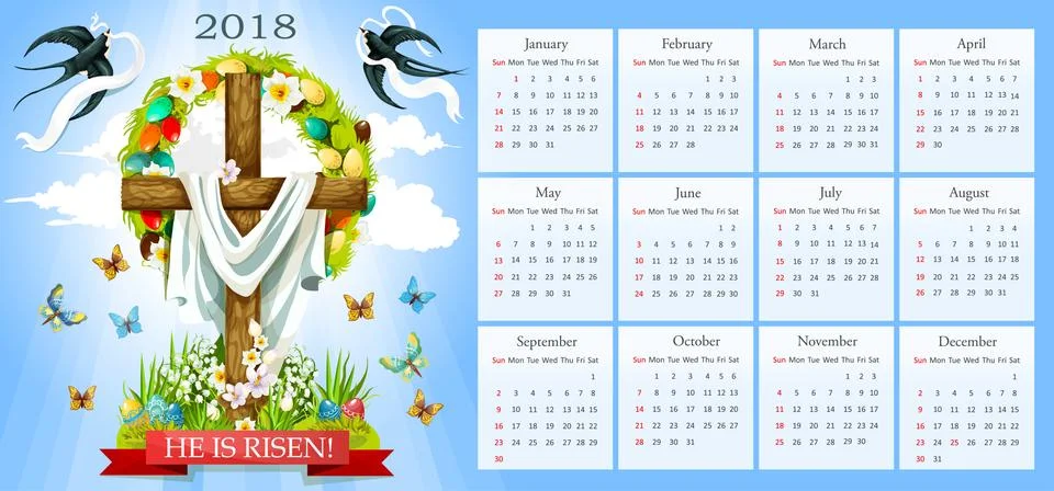 Vector calendar Easter crucifix and paschal eggs 스톡 일러스트