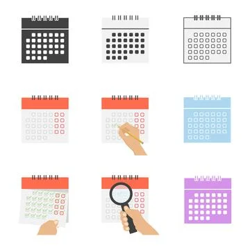 Vector calendar icons set with various styles, hands marking dates, and mag.. Stock Illustration