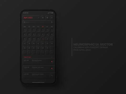 Vector Calendar Mobile App April 2022 UI UX Neumorphic Design Mockup Illustrazione stock