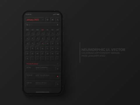 Vector Calendar Mobile App January 2022 UI UX Neumorphic Design Mockup 库存插图