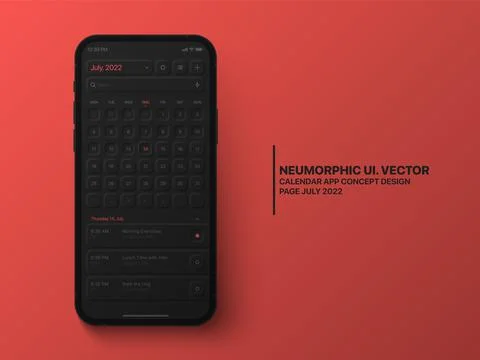 Vector Calendar Mobile App July 2022 UI UX Neumorphic Design Mockup 库存插图