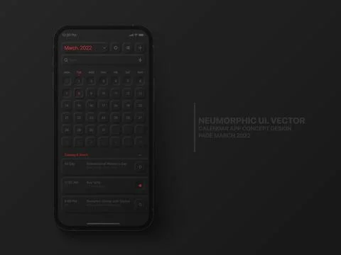 Vector Calendar Mobile App March 2022 UI UX Neumorphic Design Mockup Stockillustratie
