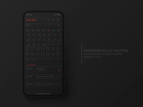 Vector Calendar Mobile App May 2022 UI UX Neumorphic Design Mockup Stock Illustration