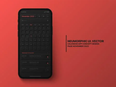 Vector Calendar Mobile App November 2022 UI UX Neumorphic Design Mockup Stock Illustration