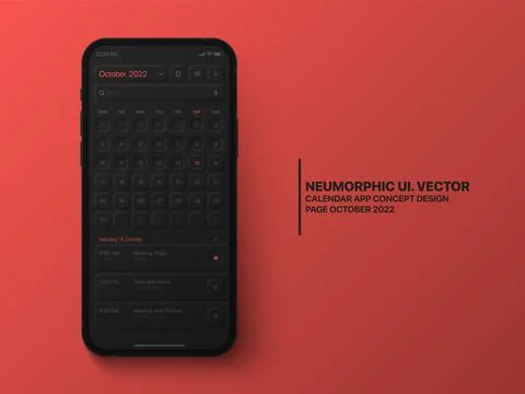 Vector Calendar Mobile App October 2022 UI UX Neumorphic Design Mockup Illustrazione stock