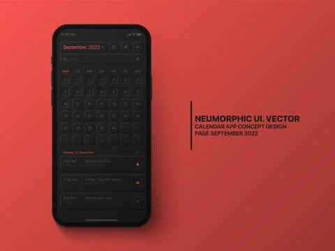 Vector Calendar Mobile App September 2022 UI UX Neumorphic Design Mockup Illustrazione stock