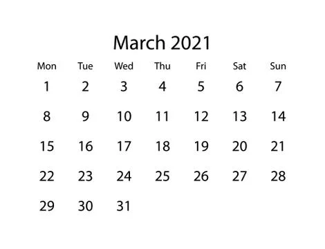 Vector calendar for month Marsh 2021 on white background Stock Illustration