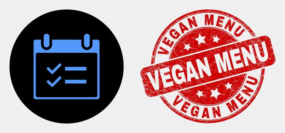 Vector Calendar Page Tasks Icon and Grunge Vegan Menu Stamp 스톡 일러스트