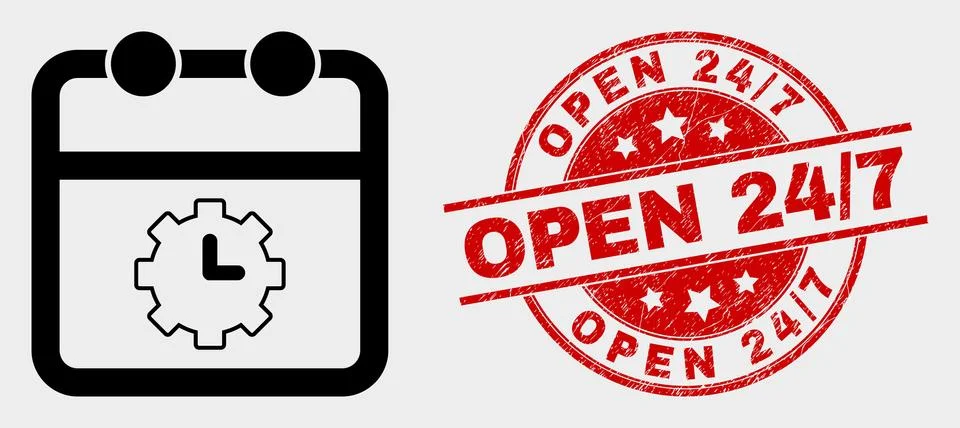 Vector Calendar Time Options Icon and Grunge Open 24/7 Stamp Stock-Illustration
