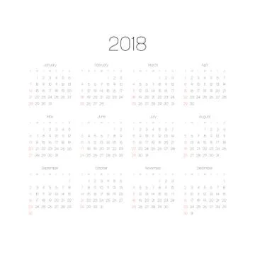 Vector calendar - Year 2018. Week starts from Sunday. Simple flat vector Stock Illustration
