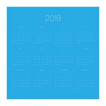 Vector calendar - Year 2018. Week starts from Sunday. Simple flat vector Stock Illustration
