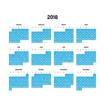 Vector calendar - Year 2018. Week starts from Sunday. Simple flat vector Stock Illustration