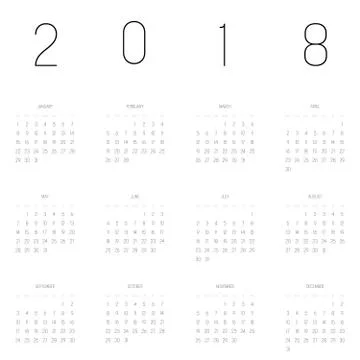 Vector calendar - Year 2018. Week starts from Sunday. Simple flat vector Stock Illustration