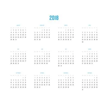 Vector calendar - Year 2018. Week starts from Sunday. Simple flat vector Stock Illustration