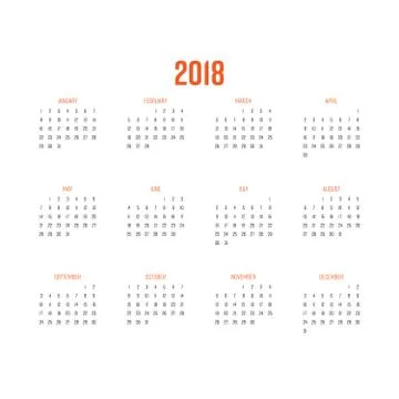 Vector calendar - Year 2018. Week starts from Sunday. Simple flat vector Stock Illustration